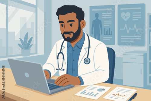 Professional doctor analyzing patient medical data on laptop in bright hospital office. Healthcare worker reviewing charts, clinical reports, statistics. Modern medical workplace vector illustration