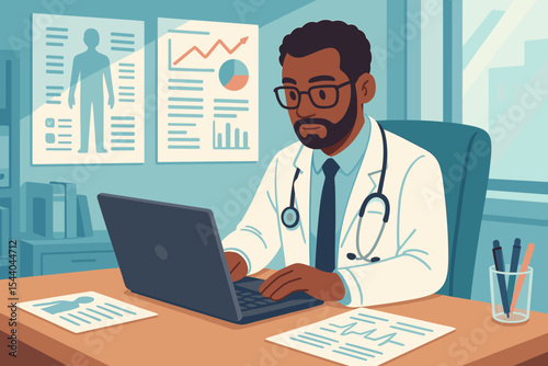 Professional doctor reviewing electronic medical records and analyzing patient data on laptop in contemporary hospital office. Stethoscope, charts, digital healthcare technology. Vector illustration