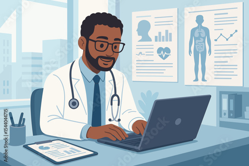Professional doctor working on laptop, analyzing medical records and patient data in modern hospital office. Healthcare technology, digital medicine, clinical research concept vector illustration