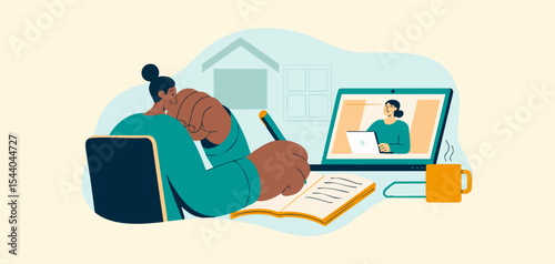 student taking notes while attending online class on laptop from home, vector illustration for remote learning, e-learning webinar participation and virtual education note-taking
