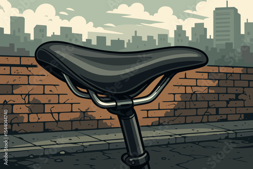 Modern Bicycle Saddle Closeup Urban Street Scene. Vector Cartoon Cityscape with Textured Brick Wall, Asphalt Road, Grunge Details, Cycling Concept, Active Lifestyle, Metropolitan Background