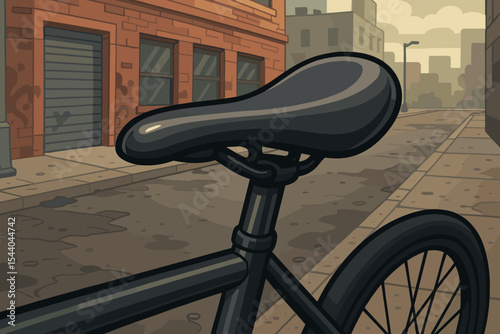 Urban city bicycle closeup. Modern bike saddle foreground, gritty street background, cartoon vector illustration. Stylish cycling, city transportation, urban lifestyle, detailed street scene art