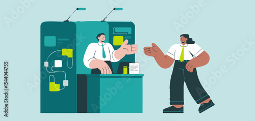 exhibitor at booth interacting with business professional at trade show, vector illustration for b2b event attendance, and corporate networking opportunities
