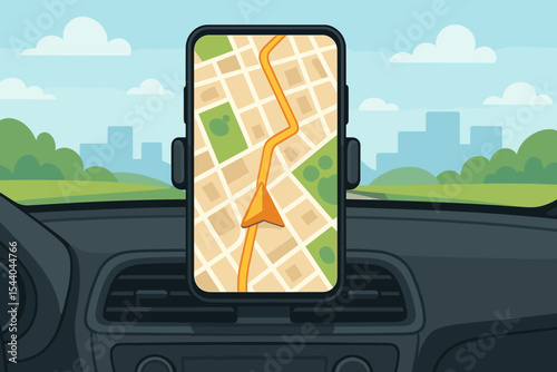 Mobile GPS navigation mapping app on smartphone dashboard mount in car interior, city driving, travel route guidance, road map direction, vector illustration for transportation and technology concept