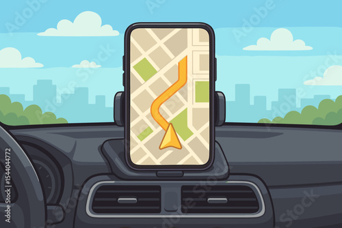 GPS Navigation Smartphone on Car Dashboard with City Map, Mobile Route Guidance, Travel Directions, Modern Vector Illustration, Driving Navigation App, Urban Street Mapping, No Text Elements