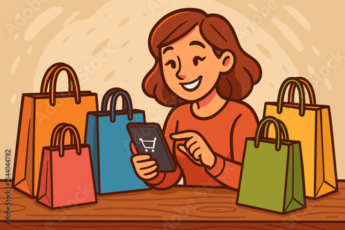 Happy woman shopping online with smartphone surrounded by colorful shopping bags on wooden table. E-commerce, digital retail, consumer lifestyle, purchasing, internet transaction concept vector
