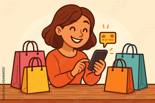 Woman Shopping Online with Smartphone at Table, Surrounded by Colorful Shopping Bags, E-commerce Concept, Mobile Retail Technology, Digital Purchase, Cartoon Vector Illustration