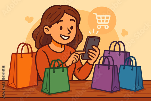 Woman Shopping Online with Smartphone Surrounded by Colorful Shopping Bags on Wooden Table, Modern E-Commerce Purchase Concept, Digital Buyer, Vector Cartoon, Retail Consumer, Shopping Icon