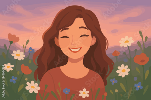 Tranquil cartoon woman with long wavy brown hair in wildflower meadow at sunset, serene floral landscape, soft focus dreamy dusk atmosphere, spring nature illustration, vector art