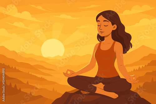 Serene woman practicing yoga meditation lotus pose on mountain peak at sunrise, peaceful mindfulness, harmony with nature, golden landscape, self-care, wellness retreat, vector illustration