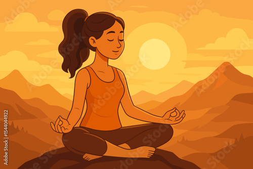 Serene Woman Meditating in Lotus Pose on Mountain Peak at Golden Sunset, Peaceful Yoga Practice, Mindfulness and Wellness Concept, Calming Nature Retreat, Cartoon Vector Illustration Landscape