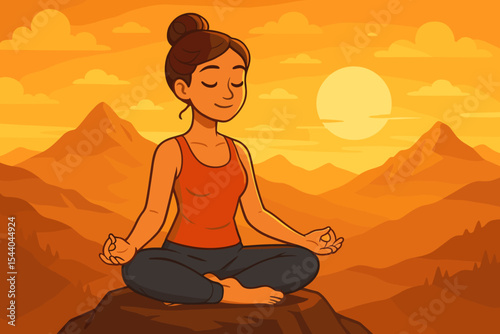 Serene woman practicing yoga meditation lotus pose on mountain peak at golden sunset, mindfulness, relaxation, self-care, peaceful outdoor nature, vector cartoon illustration, wellness concept