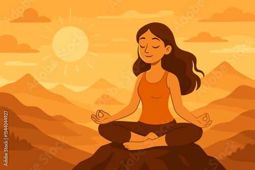 Tranquil Woman Meditating Practicing Yoga on Mountain Peak at Golden Sunset, Peaceful Mindfulness Relaxation, Calm Nature Landscape, Vector Cartoon Illustration
