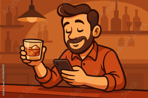 Cartoon man relaxing at bar with whiskey glass and smartphone. Vector illustration of social nightlife, casual drinking, communication, modern technology, evening lounge bar interior scene