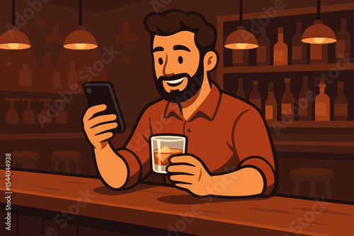 Relaxed evening at bar with bearded man enjoying whiskey, using smartphone, modern nightlife, social media, digital connection, cozy pub ambiance, vector cartoon illustration, no text