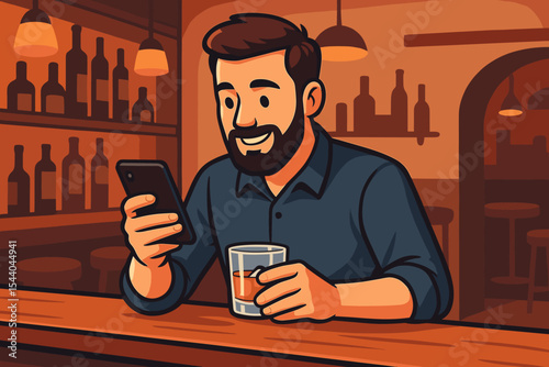 Relaxed man at bar counter holding whiskey glass and smartphone, after-work leisure, modern lifestyle, nightlife concept, cozy pub interior, social connection, vector cartoon illustration