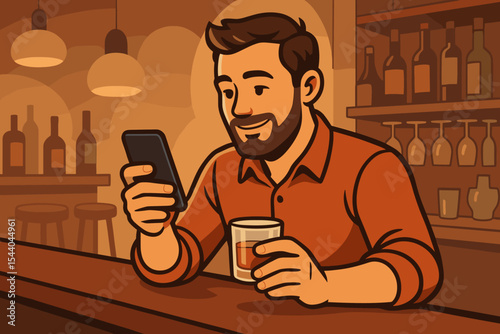 Relaxed man at bar counter using smartphone, enjoying whiskey, social media communication, modern digital lifestyle, nightlife relaxation, cozy bar interior, vector cartoon illustration