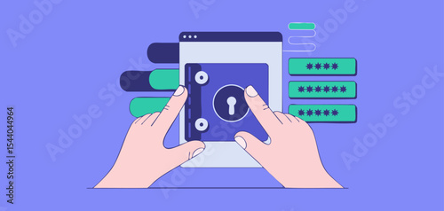 user's hands interacting with digital safe on screen , vector illustration for password management, strong credential hygiene and cybersecurity account protection
