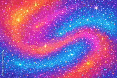 Vivid multicolor glitter galaxy background with sparkling particles, shimmering light, glowing stars, bright abstract swirls, cosmic shine, festive fantasy, vibrant cartoon vector illustration