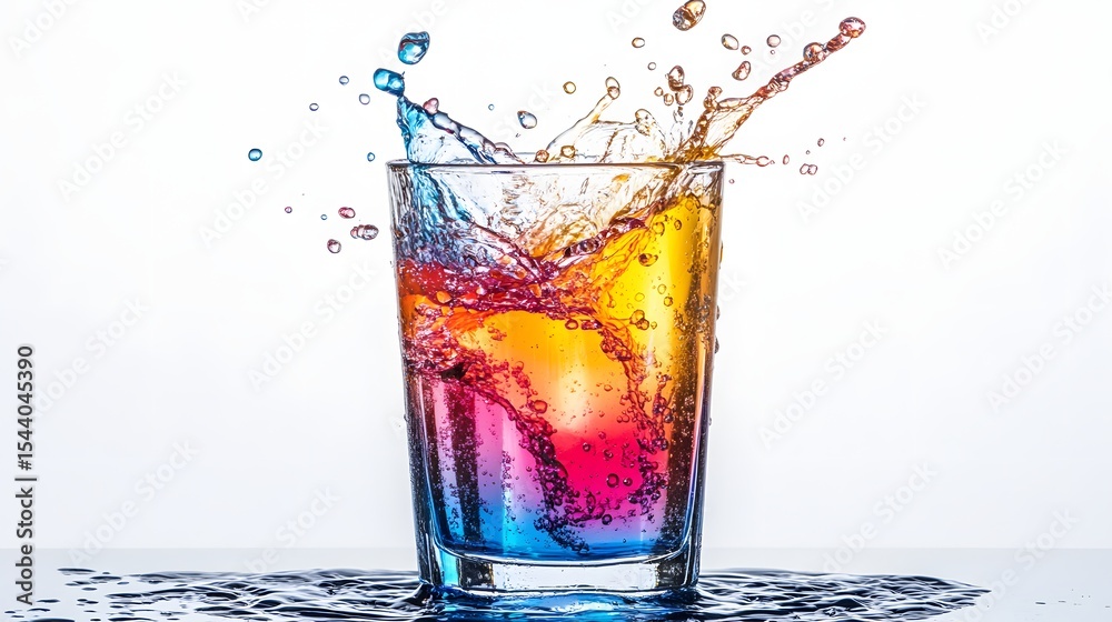 Colorful splash explosion in a glass of vibrant rainbow liquid on white background Colorful splash explosion in a glass of vibrant rainbow liquid on white background