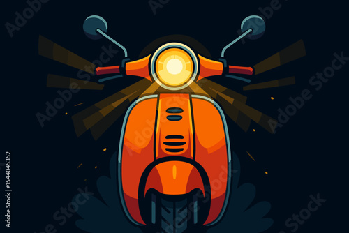 Retro scooter front view with glowing headlight, vibrant orange body, illuminated night ride, urban transportation, modern vector cartoon illustration on dark background, no text design