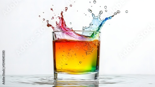Colorful splash explosion in a glass of vibrant rainbow liquid on white background