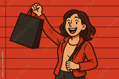 Happy woman holding a Black Friday shopping bag. Excited female customer on a sale day. Vector cartoon character enjoying retail therapy with a purchase against a red background.