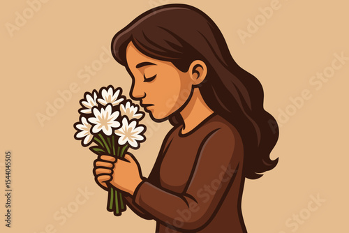 Peaceful woman holding a bouquet of white flowers, expressing respect and devotion. Concept of remembrance, grief, sympathy, prayer, and gratitude. Serene girl in a moment of calm.