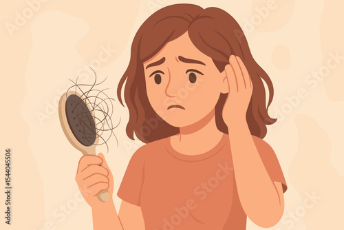 Worried woman looking at hairbrush full of fallen hair. Hair loss, alopecia, and hair fall problem concept. Sad female character with thinning hair. Health and beauty vector cartoon.
