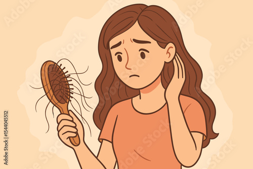 Worried woman holding hairbrush full of fallen hair. Hair loss concept with sad girl looking at a comb. Alopecia, hair fall, and thinning hair problem. Vector cartoon illustration.
