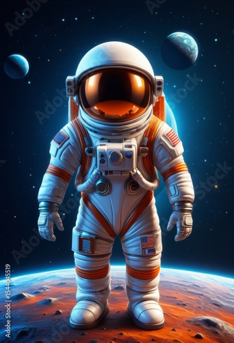Astronauts stand on red planet in spacesuit planet in background