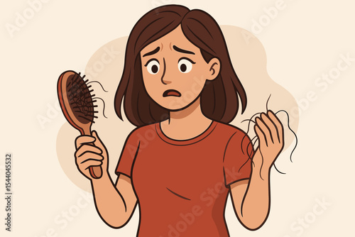 Hair loss problem concept. Sad woman looking at a hairbrush with fallen hair. Alopecia, hair fall, and thinning symptom. Girl suffering from baldness. Vector cartoon illustration.