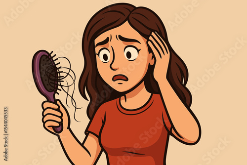 Worried woman shocked by hair loss, holding hairbrush with fallen strands. Concept of alopecia, hair shedding, thinning problem. Health, beauty, and dermatology issue. Vector illustration.