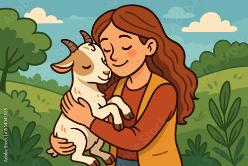Young woman tenderly hugging a cute baby goat. Concept of love for animals, friendship, and care. Farmer girl with pet in a rural farm landscape. Vector cartoon illustration.