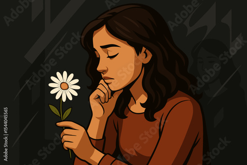 Sad woman holding a white daisy, contemplating her reflection. Concept for loneliness, grief, mental health, depression, and nostalgia. Vector graphic of a pensive girl.