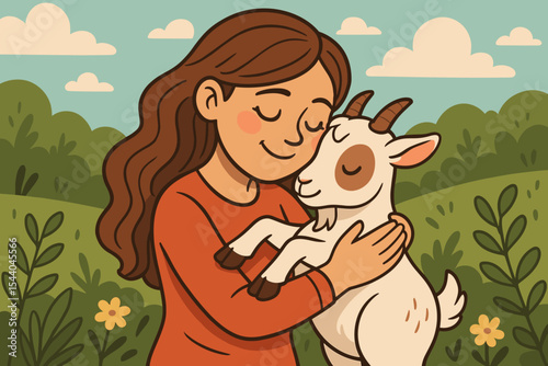 Young woman gently hugging a cute baby goat. Vector cartoon illustration of friendship and love between human and animal. Concept of care, kindness, rural life, and farming.