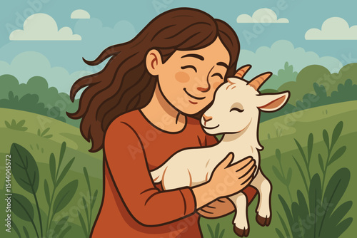 Young woman tenderly hugging a small baby goat. Concept of love for animals, kindness, and farm life. Happy girl with a pet kid in a natural outdoor setting. Vector illustration.
