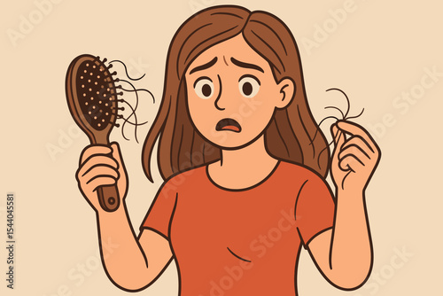 Worried woman shocked by hair loss, holding a brush full of fallen hair. Alopecia and thinning hair problem concept. Health and beauty issue symptom vector cartoon illustration.