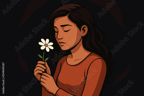 Sad pensive woman holding a white daisy flower. Concept of grief, memory, hope, and loss. Mental health, depression, and introspection. Solitude and contemplation. Vector illustration.