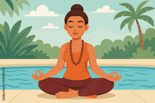 Woman meditating in lotus yoga pose by the pool. Serene cartoon character practicing mindfulness for relaxation and wellness at a tropical resort. Spiritual balance concept vector.