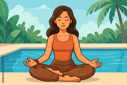 Peaceful woman in Padmasana lotus pose meditating by the pool. Concept of yoga practice, relaxation, wellness retreat, and mental health. Serene lifestyle cartoon vector illustration.