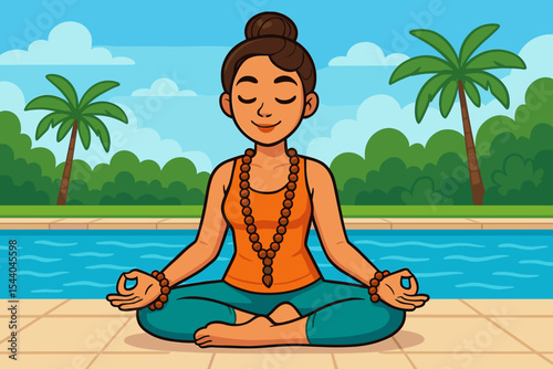 Young woman meditating in lotus yoga pose by the swimming pool. Peaceful girl practicing mindfulness and relaxation on a tropical vacation. Healthy lifestyle and wellness concept.