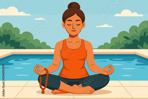 Calm woman meditating in lotus pose by the pool. Healthy lifestyle, mindfulness, and spiritual practice concept. Outdoor yoga for relaxation and wellness. Vector cartoon illustration.