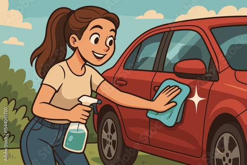 Happy woman cleaning a red car with a microfiber cloth and spray cleaner. Car wash and auto detailing service concept. Girl polishing automobile exterior for maintenance. Vector illustration.