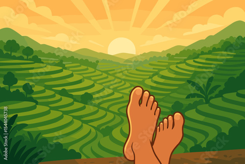 Relaxing female feet enjoying sunrise over lush green rice terraces, tranquil vacation landscape, serene morning mountain view, terraced fields, travel getaway, vector cartoon illustration