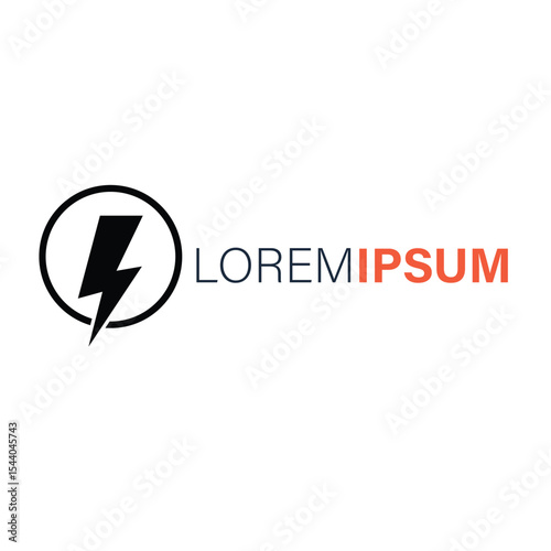 A black lightning bolt icon inside a circle, next to the text lorem ipsum, isolated on white background