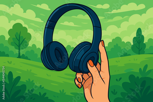 Female Hand Holding Wireless Bluetooth Headphones Outdoors, Listening to Music in Nature, Vibrant Green Park Landscape, Relaxation, Technology, Vector Cartoon Illustration, No Text
