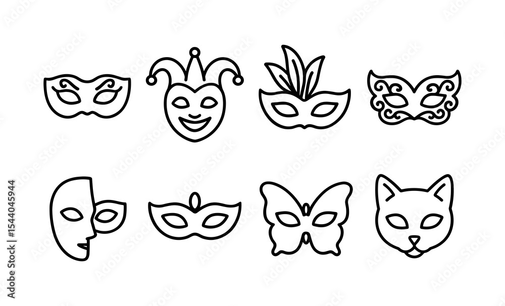 Fototapeta premium Set of eight decorative masks: jester, feathers, butterfly, cat designs