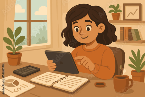 Young woman managing personal finance and budget on a digital tablet. Concept of online banking, investment planning, and saving money from a cozy home office. Cartoon vector illustration.
