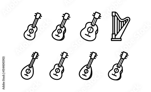 Outlined musical instrument icons: guitars and harp collection